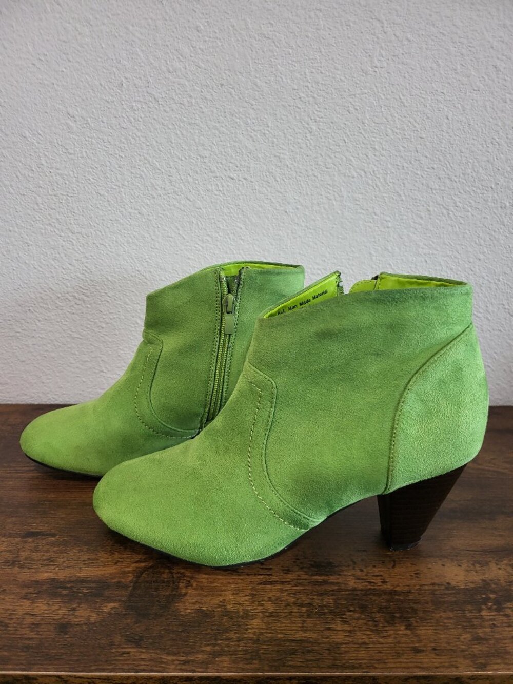 Boston Design Studio Lime Green Faux Suede Ankle Booties Side Zip Cone Heel